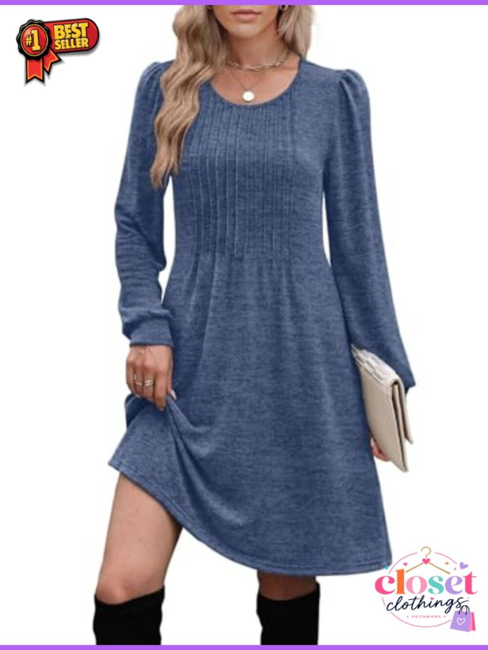 OFEEFAN Women's Long Sleeve Babydoll Sweater Dress Pleated Crew Neck with - Picture 3 of 4